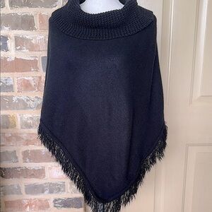 A.L.C. Black Statement Fringed Sweater Knit Funnel Turtleneck Poncho Cape OS